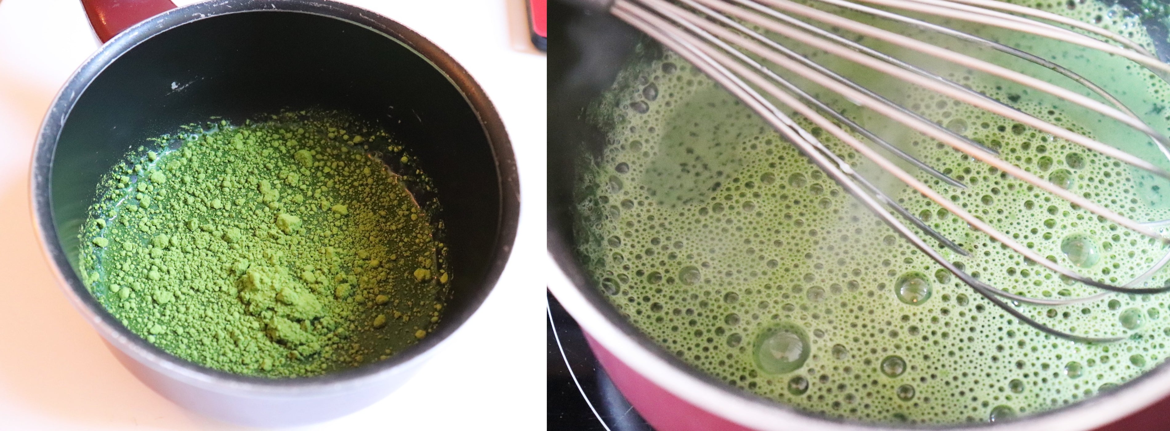 Mettre le lait à chauffer avec le thé matcha dans une petite casserole