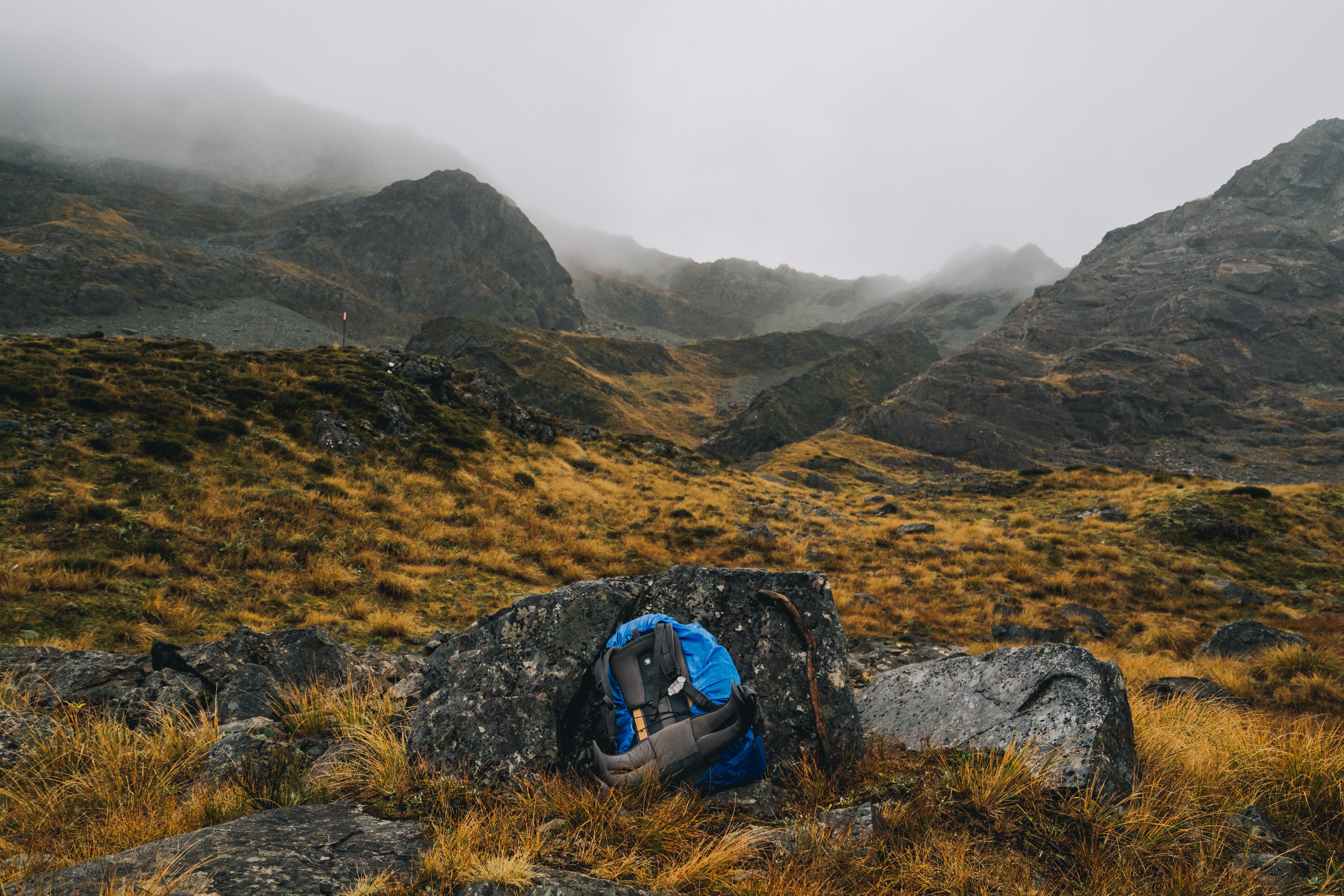 My backpack soaking wet on the climb up Waiau Pass