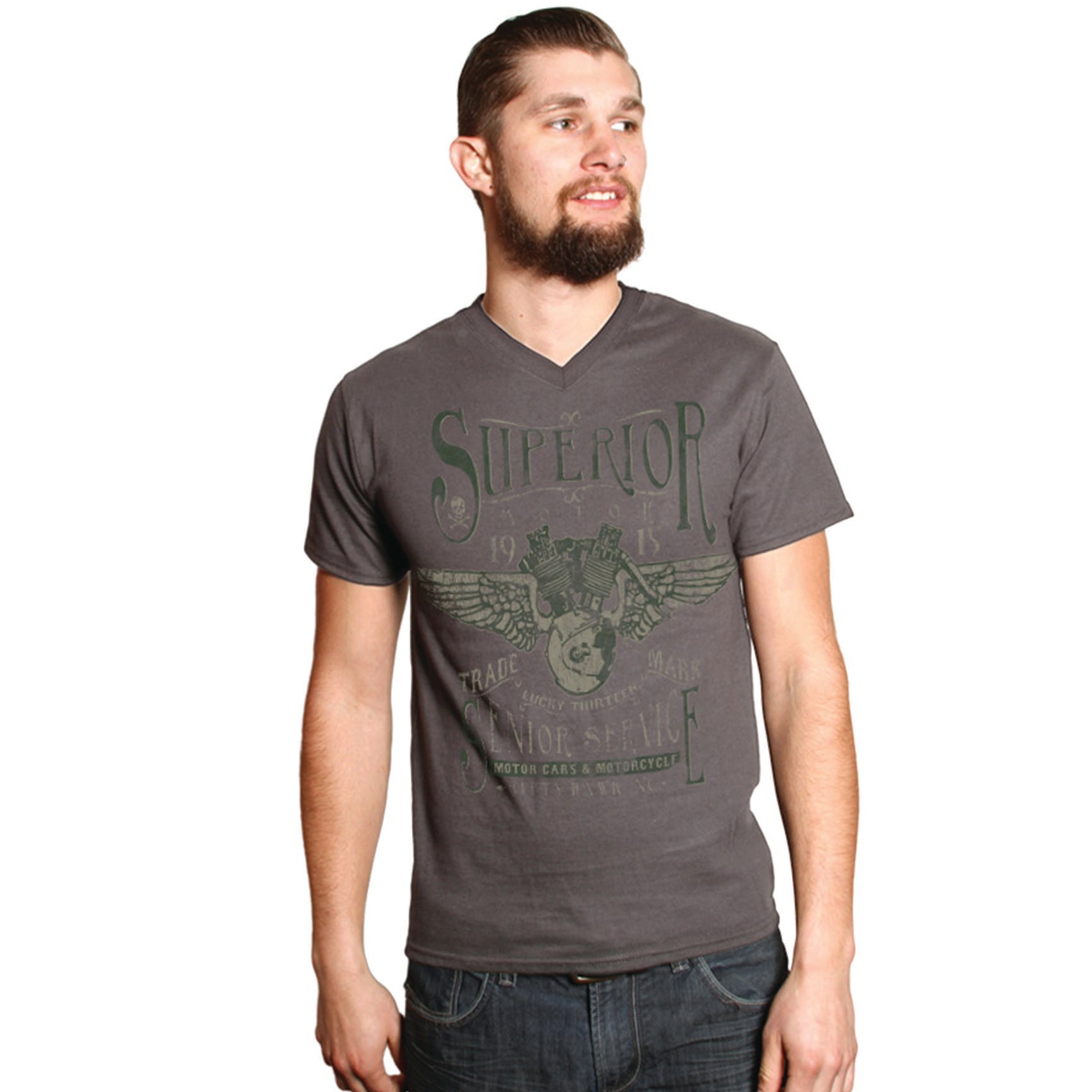 Lucky 13 - Superior Mark Men’s V-Neck Tee CHARCOAL – Grease, Gas And Glory
