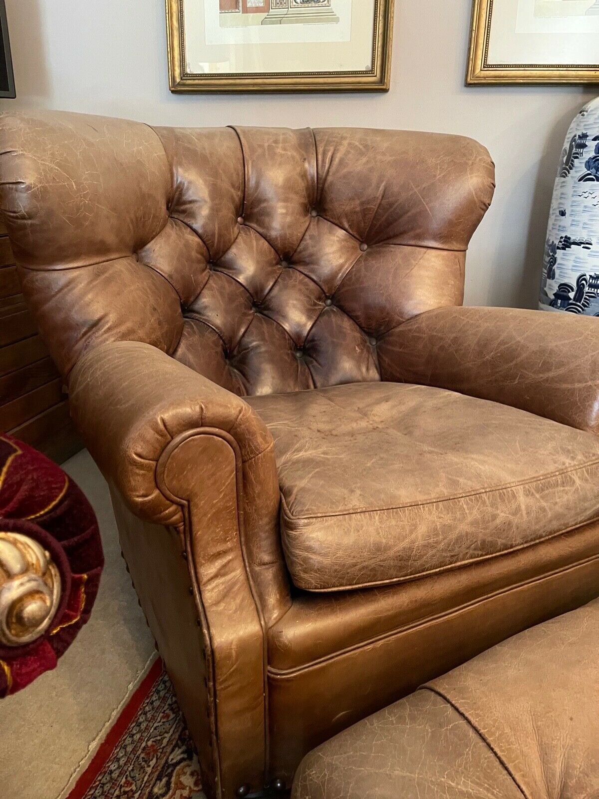 Ralph Lauren Writers Chair and stool brown leather wingback armchair r -  OMG Furnishings
