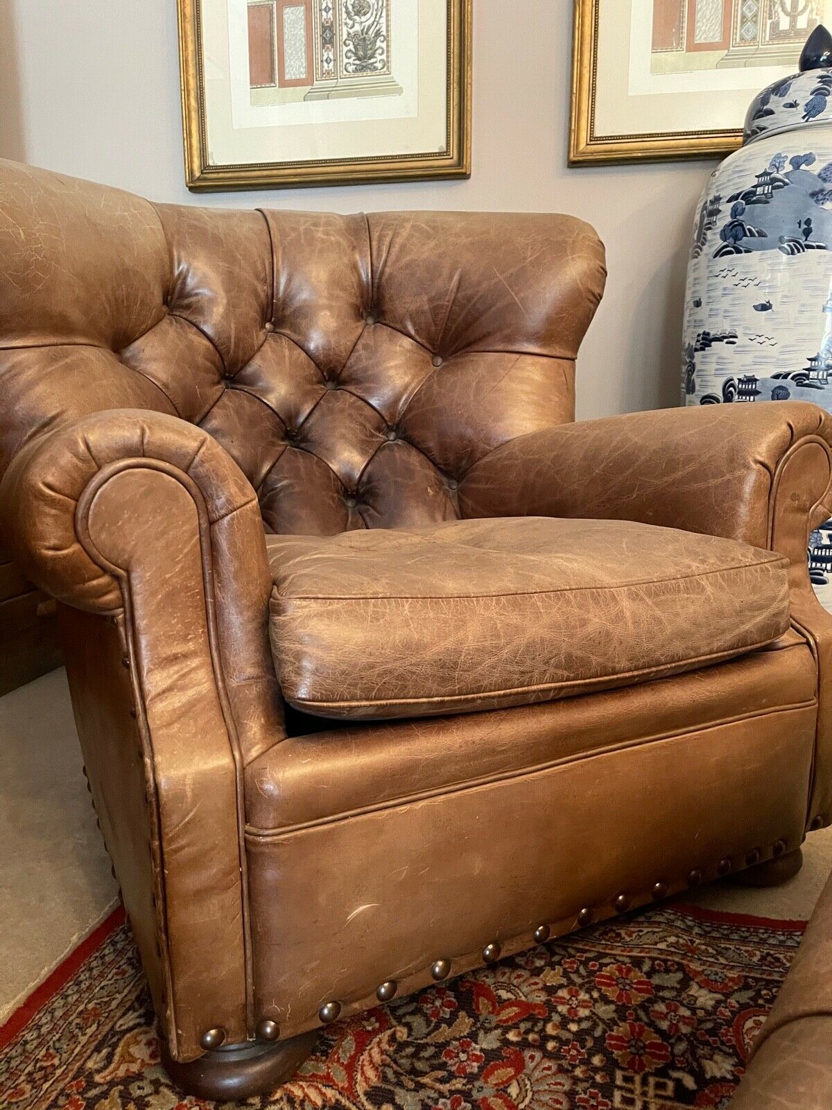 Ralph Lauren Writers Chair and stool brown leather wingback armchair r -  OMG Furnishings