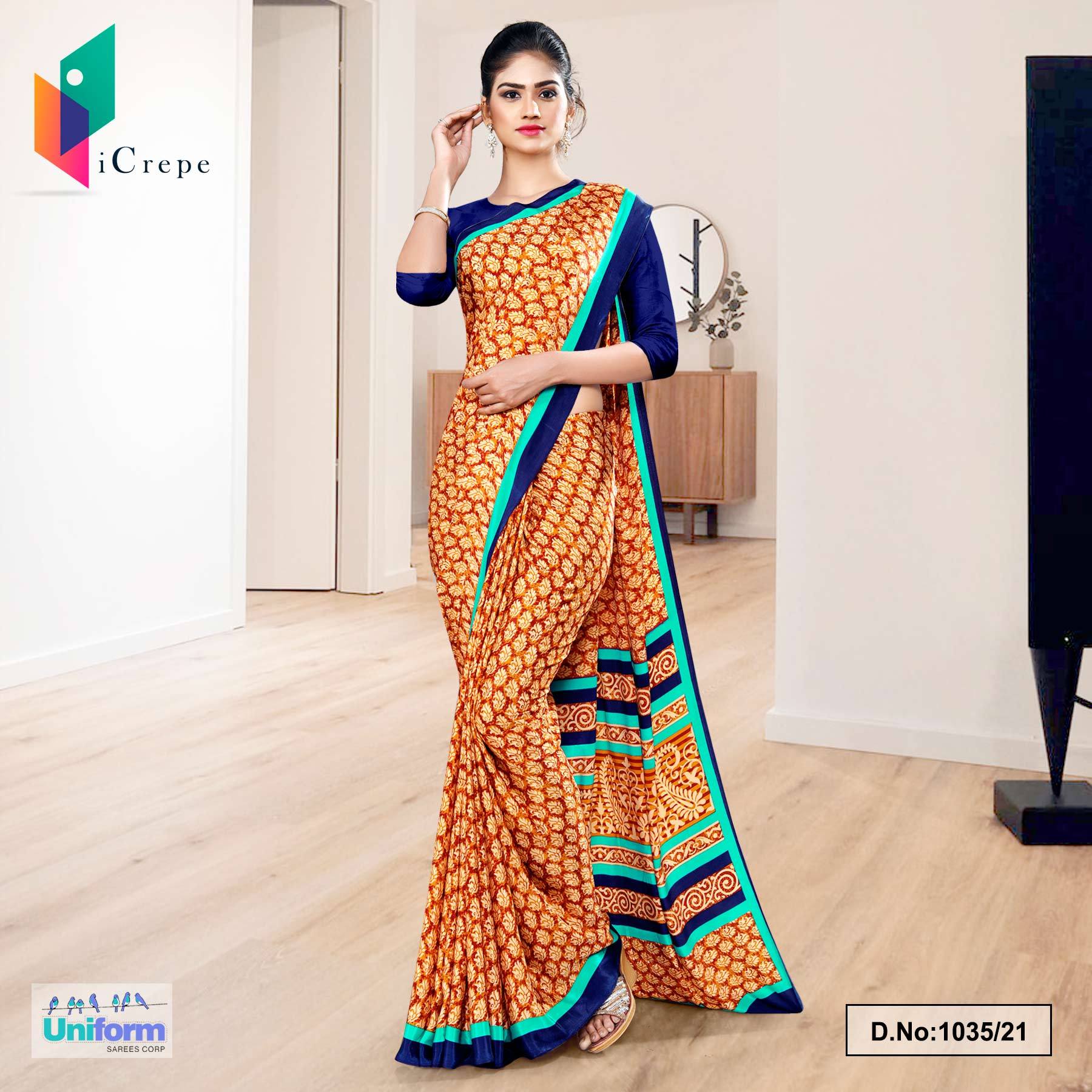 Yellow and Sea Green Women's Premium Italian Silk Ikat Print Jewellery–  Uniform Sarees