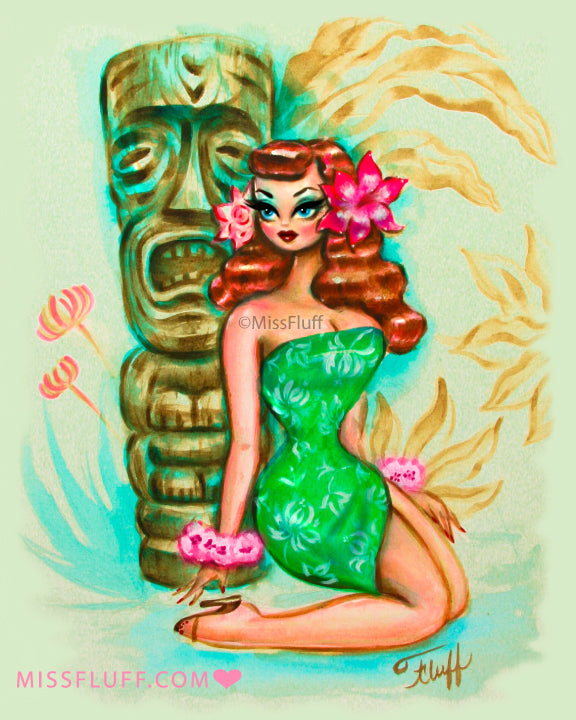 Tropical Pinup Girl With Tiki • Art Print Miss Fluffs Boutique 