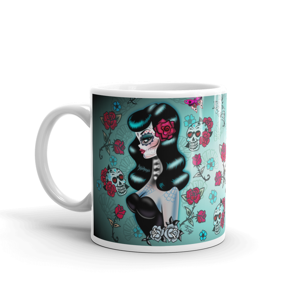 Raven Haired Sugar Skull Pinup • Mug Miss Fluff S Boutique