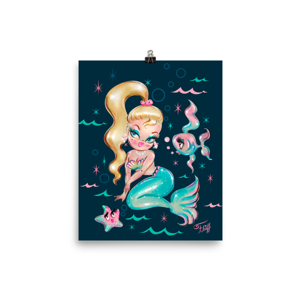 Blonde Babydoll Mermaid on Deep Blue • Art Print – Miss Fluff's Boutique