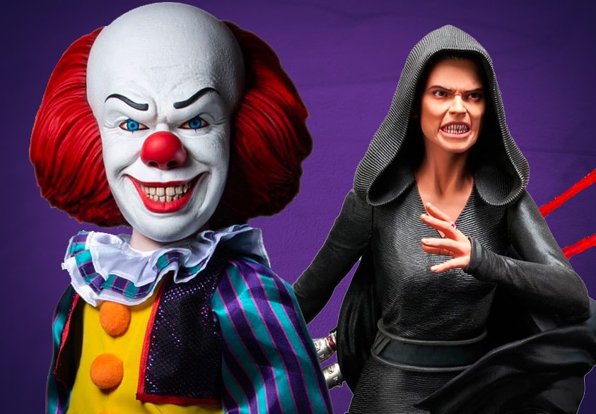 Pennywise doll beside Dark Rey From Star Wars Bust