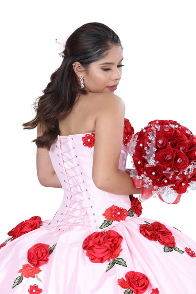 pink dress with red roses