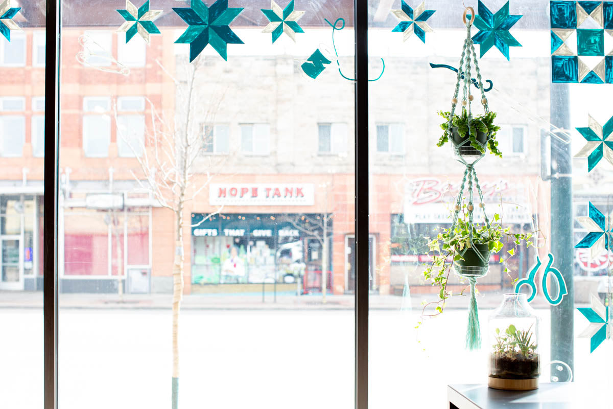 In front of a sun drenched window hangs a two-tiered, mint green macramé plant hanger, holding a pair of draping plants—one over the other. The border of the window is painted with quilt blocks and craft supplies, the turquoise painted imagery lit up from the sun. Outside you can see the bright neighborhood street outside of Fancy Tiger Crafts—a bare tree ready to begin budding in the early spring, Hope Tank and Barry's pub across the street.