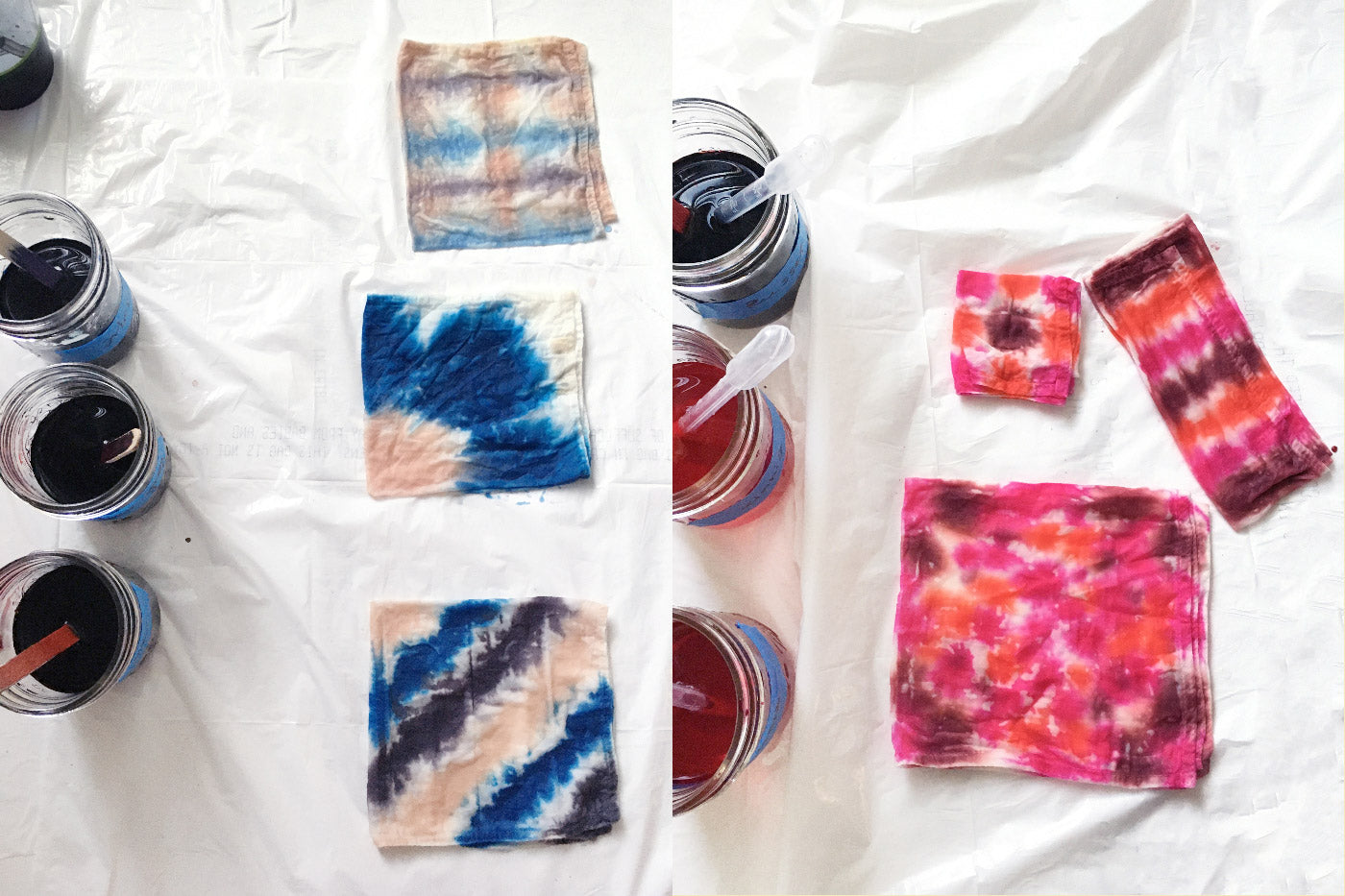 This is an image of the Kaleidoscope Dye Kit scarfs being dyed. 