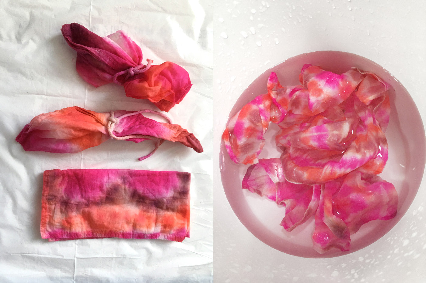 This an image of the Kaleidoscope Dye Kit - Warm scarfs dyed and being soaked in a bowl. 