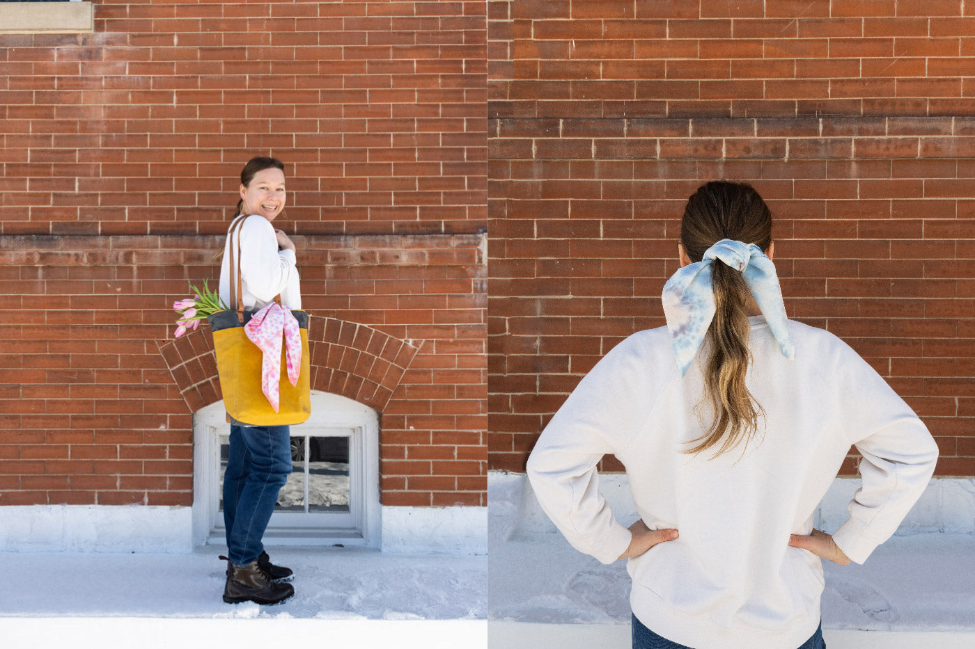 This is split image of Anna wearing her dyed scarves. On the left Anna is carrying a yellow tote bag with her pink scarf tied around one of the straps. The right image is a close up of the blue scarf tied around Anna's ponytail. 