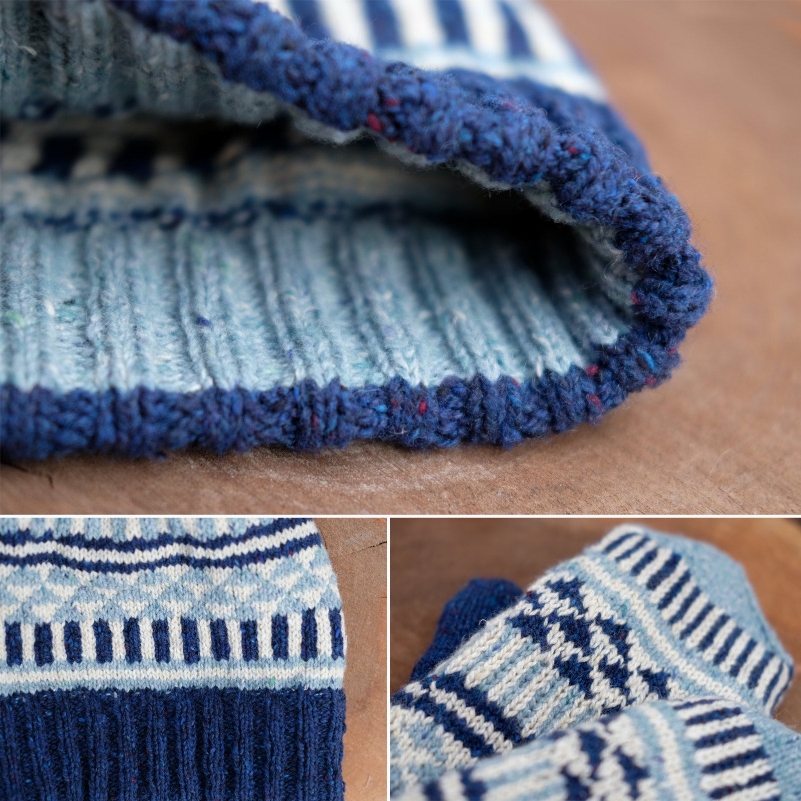 Detail shots of the Candy Darling hat and mitten set