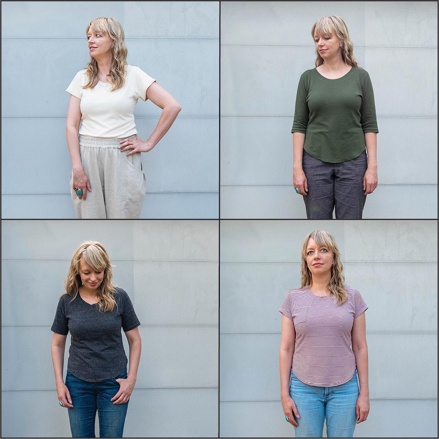 four panel grid of Amber in four different t-shirts, clockwise from top left, White short sleeved fitted tee, ticked in to pants, green just-below-elbow sleeve tee, rust stripe cap sleeve tee with pocket, charcoal grey half sleeve tee. 