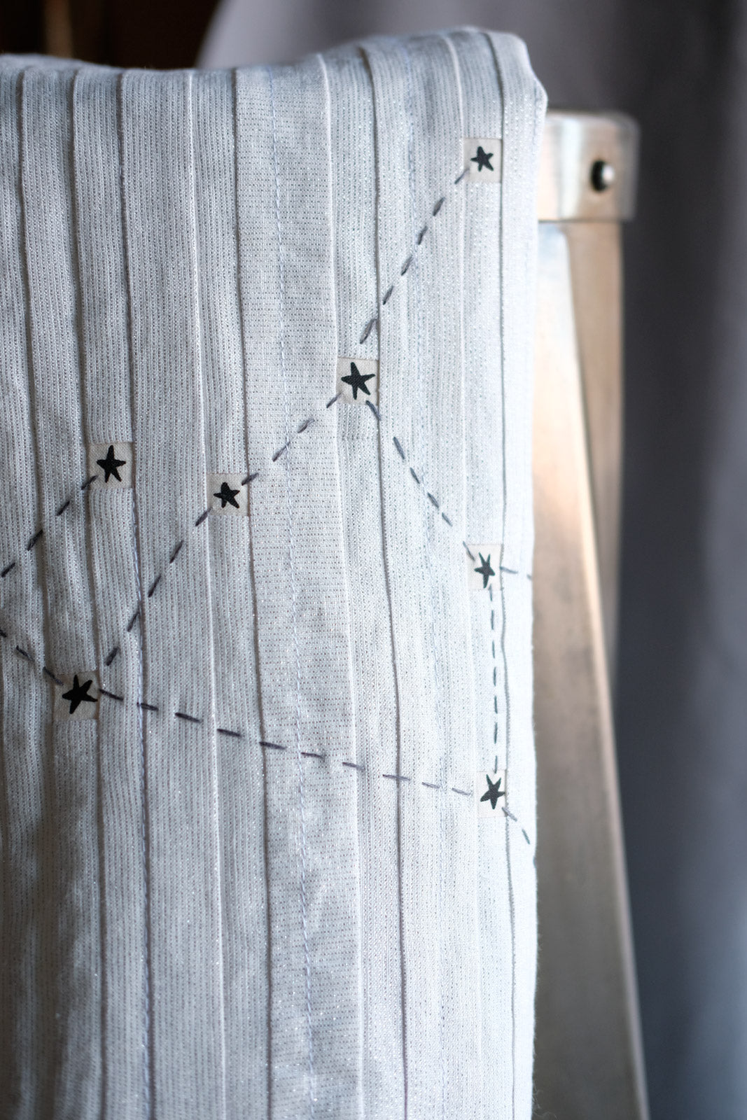 Detail of the hand stitched, fussy cut, Sagittarius Constellation Block Tea Towel 