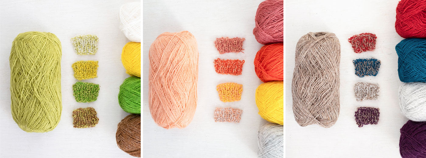 A triptych of images showing examples of how two-color marls look when one yarn color is paired with various colors. The first image shows a ball of muted lime green yarn on the right, and on the left - four balls of yarn to pair it with. From top to bottom on the right: white, yellow, vivid green, and oatmeal heather. Swatches showing each pair are centered between the balls. The next image has pale peach paired with a dusty rose, vibrant orange, yellow, and light ash heather. The third image has oatmeal heather paired with crimson, teal, white, and wine. 