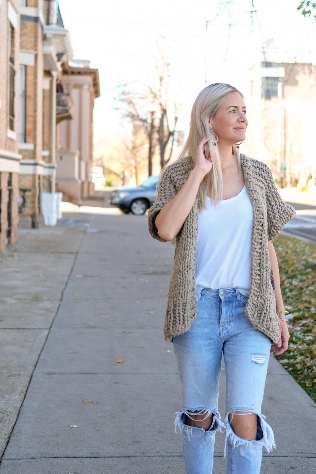 Steph Stout in her Big Cotton Long Vest walking down the street