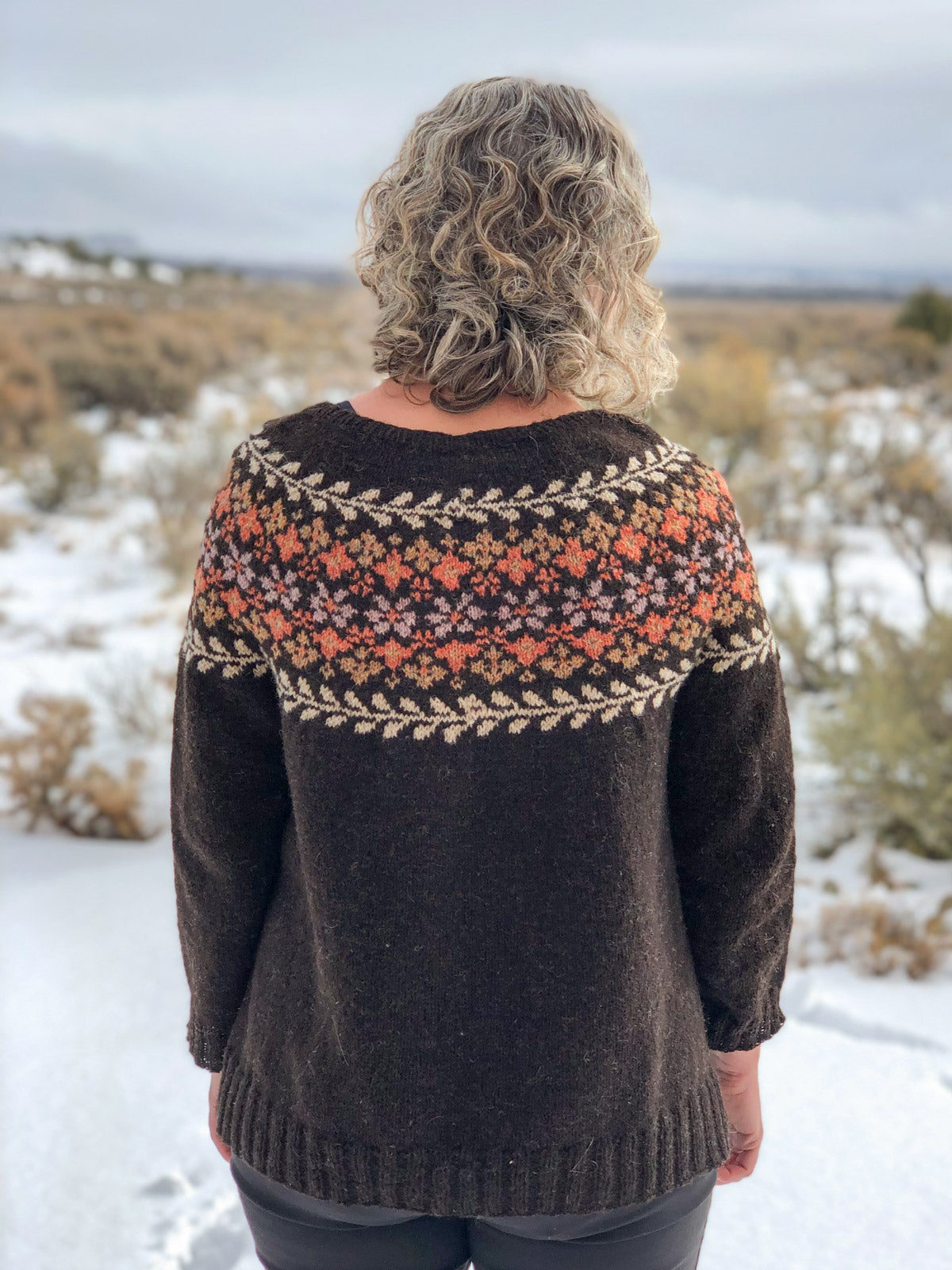 Back view of the yoked colorwork Birkin Sweater