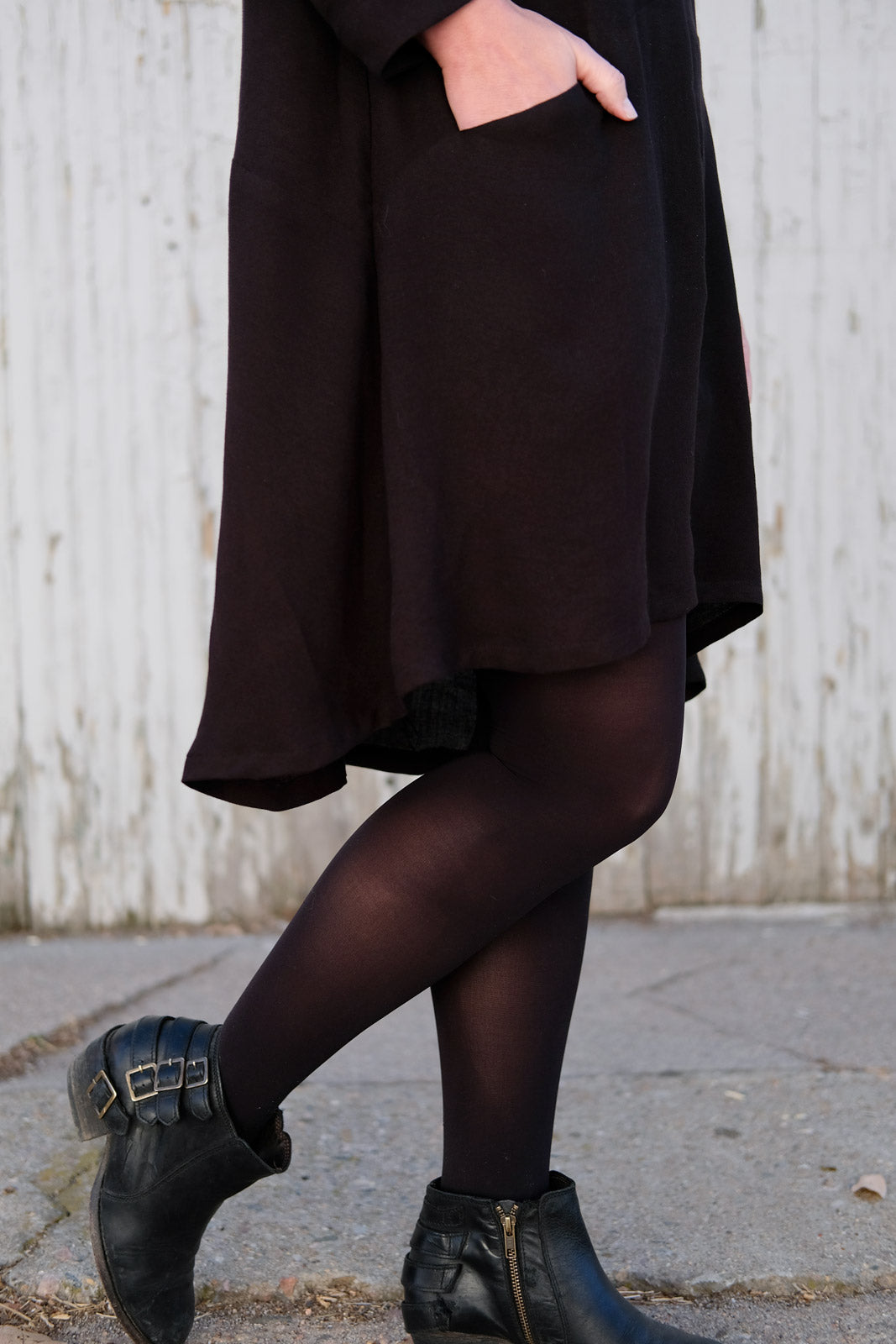 Jamie in her black crepe rayon Farrow from the waist down