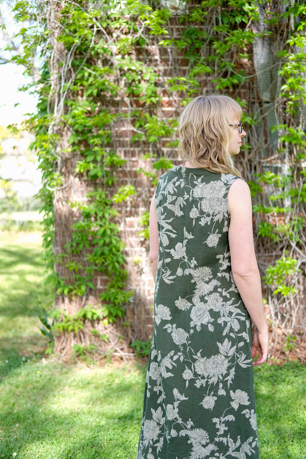 Back View of Amber's Linen Floral Brome Maxi Dress