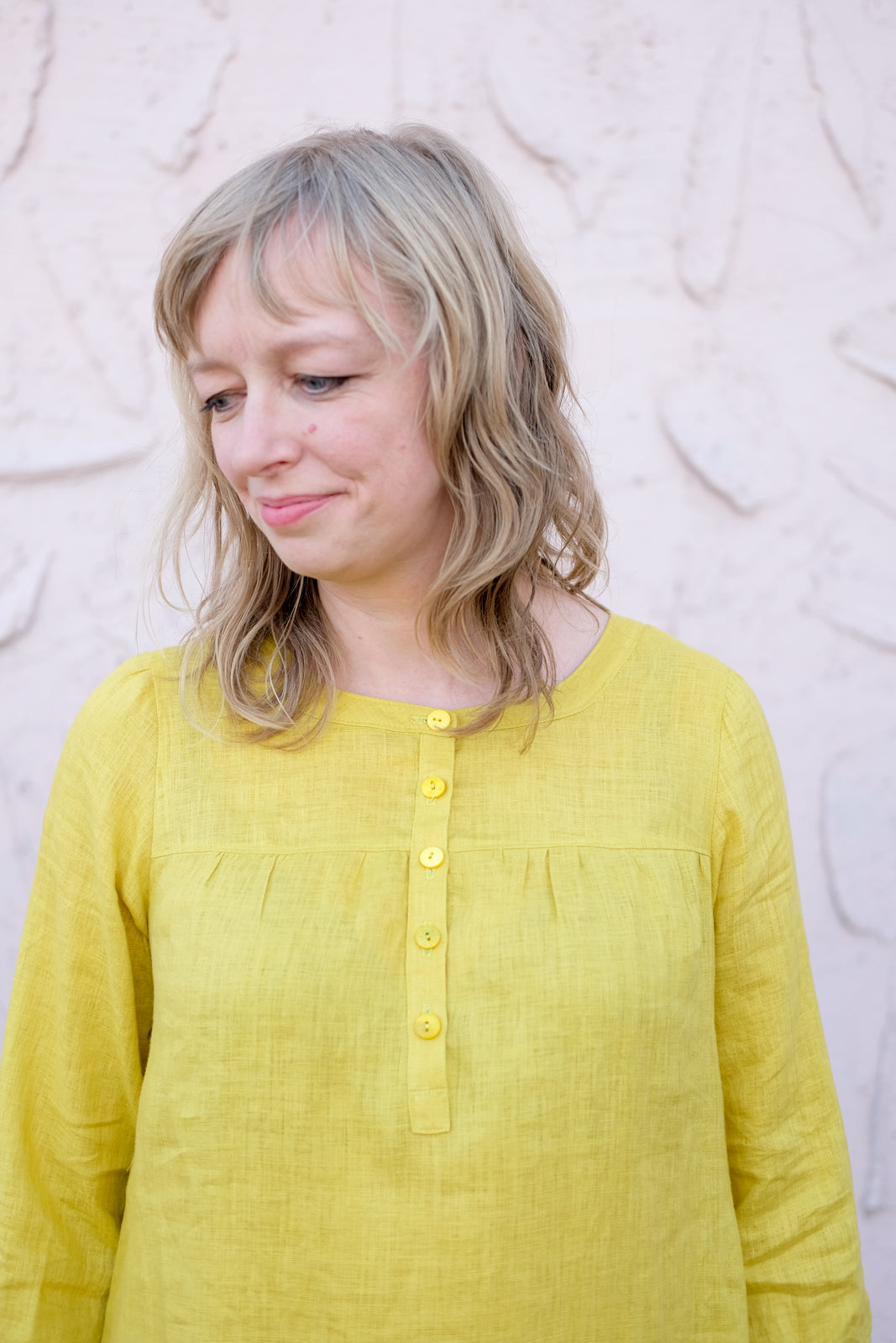 Partial Placket Detail on Ambers Citrus Linen Brome Dress, View B