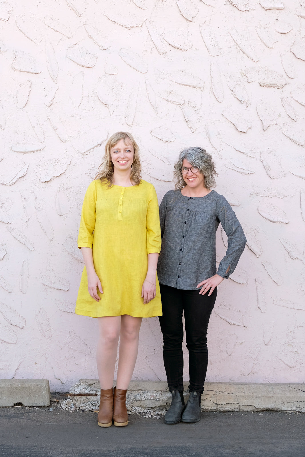 Amber in a Yellow Linen Brome Dress and Jaime in a Grey Brome Shirt