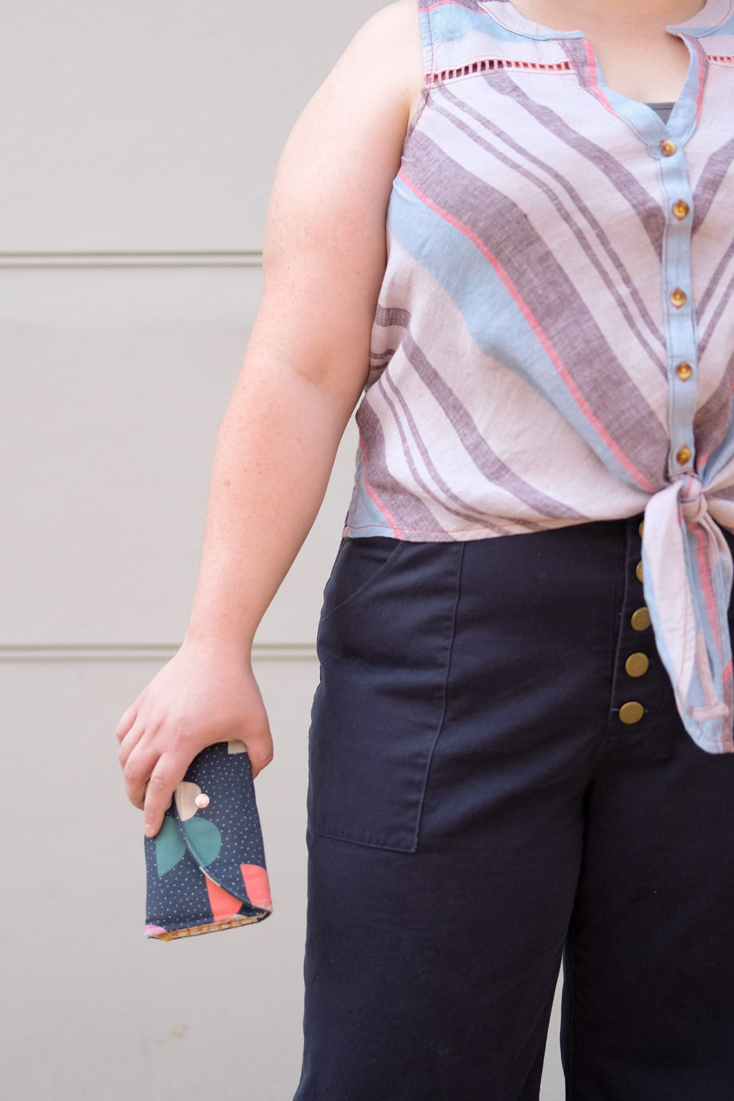 Detail of the buttons on Caitlin's Lander Pants