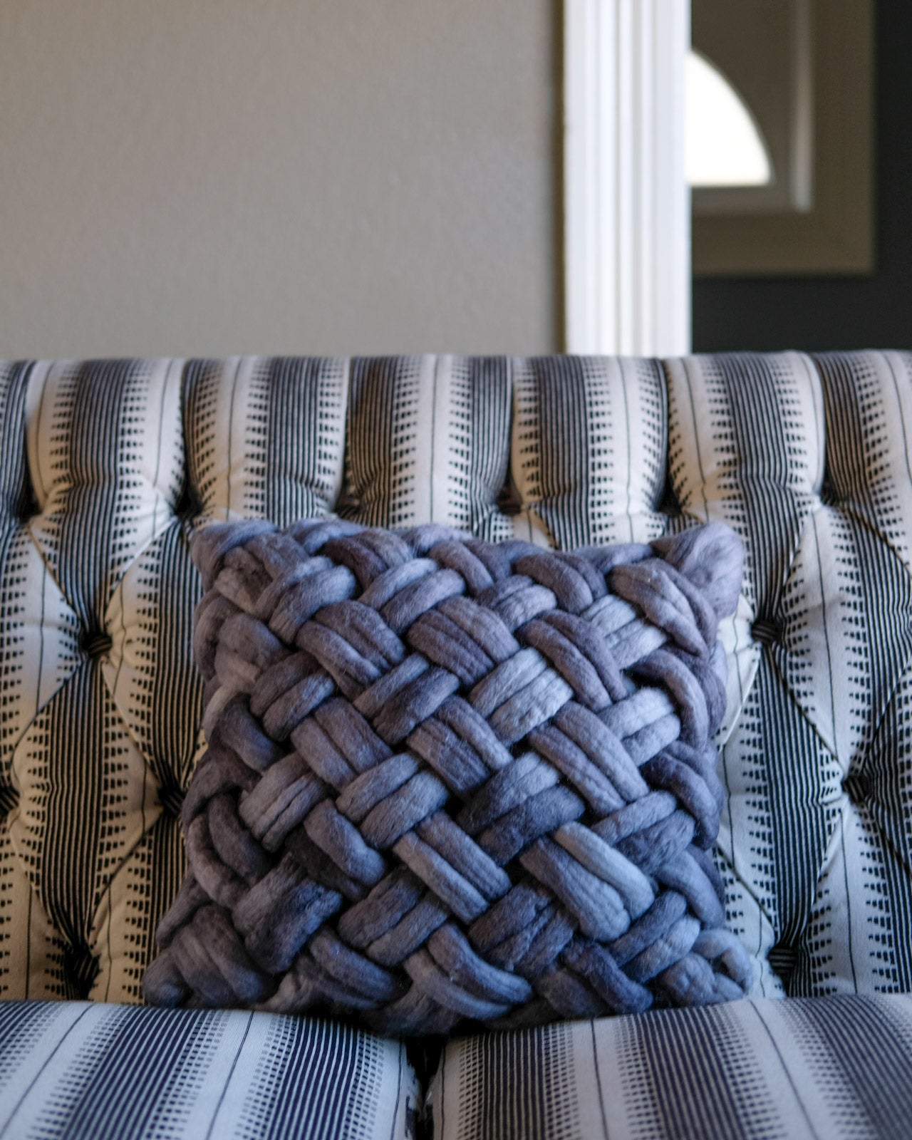 Weaving Within Reach Chunky Woven Pillow in Pewter Carnaby Yarn Co felted Merino Hank