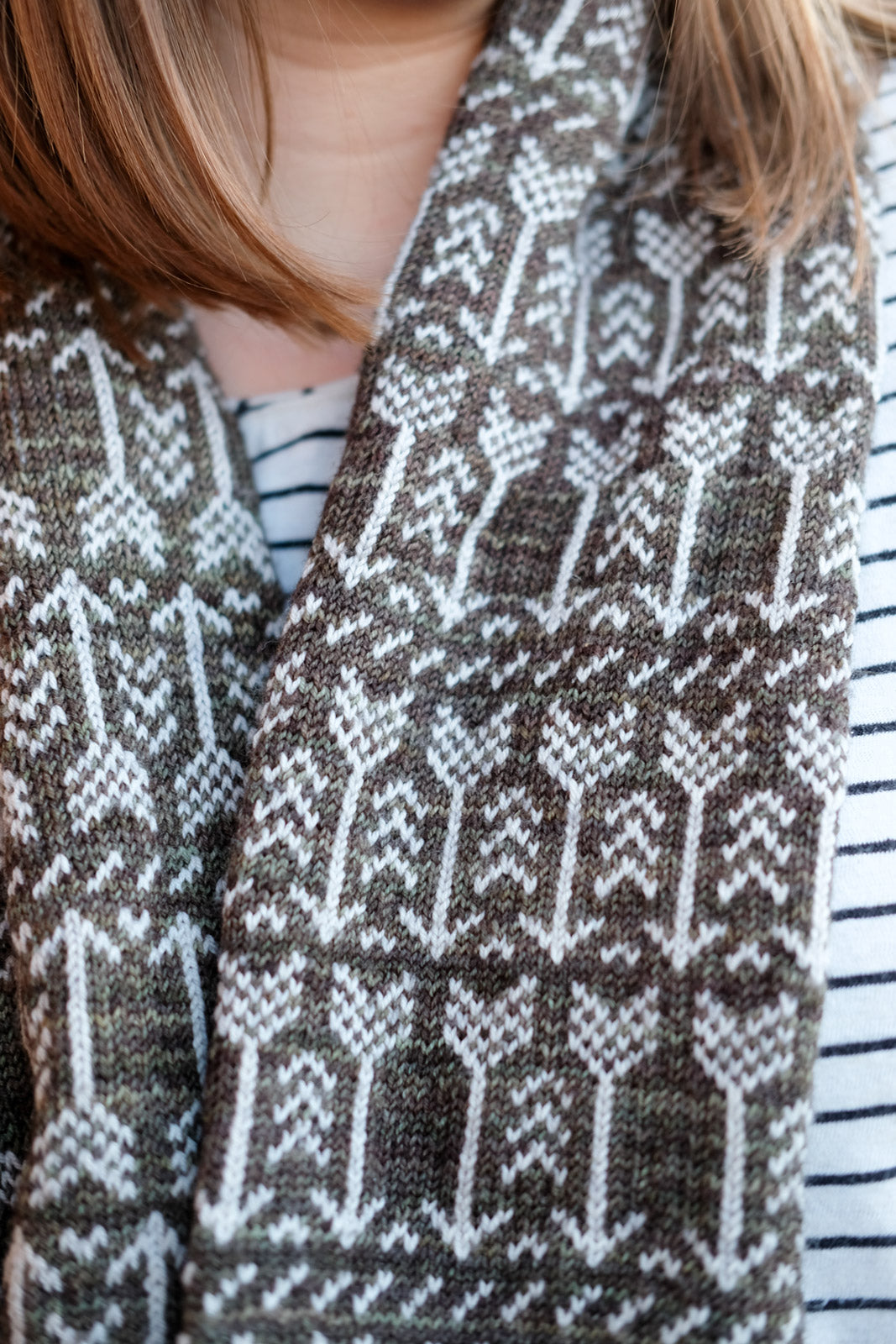 Detail of the colorwork arrows on Kaylee's Arrow Circle Scarf