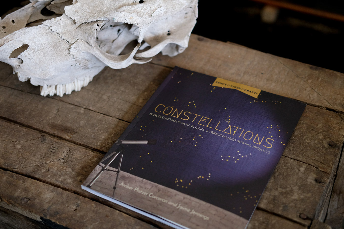 Constellations book sitting on a wooden table next to an animal skull