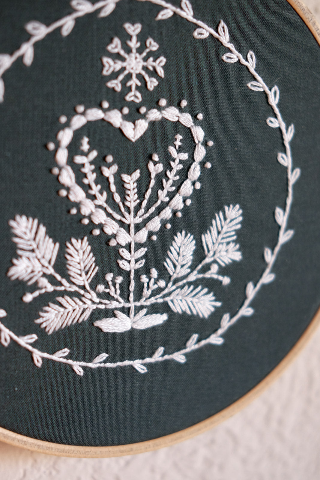 Detail of the Cozy Blue Holiday Heart Embroidery