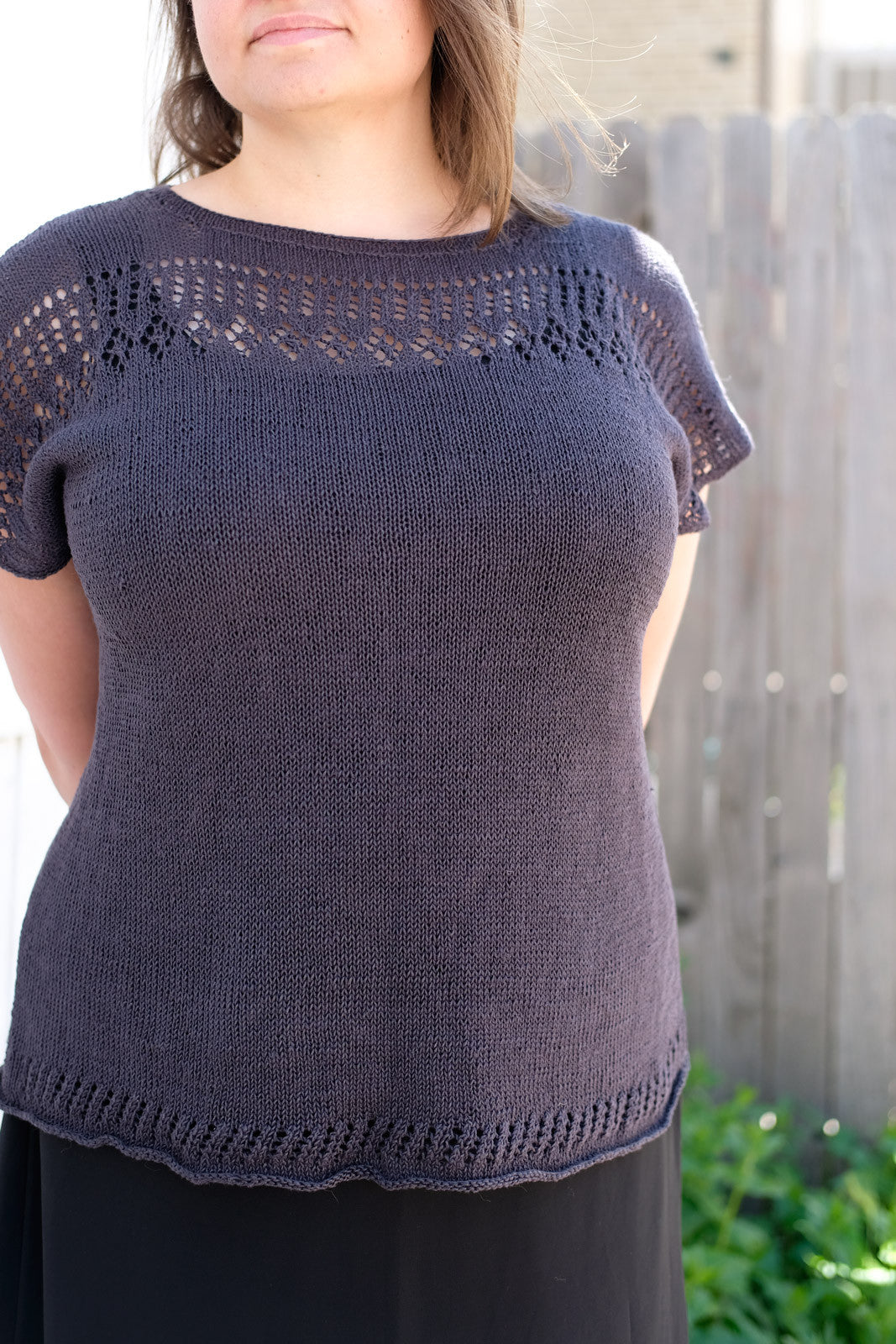 Jenn's Cullum Tee in Quince and Co. Sparrow