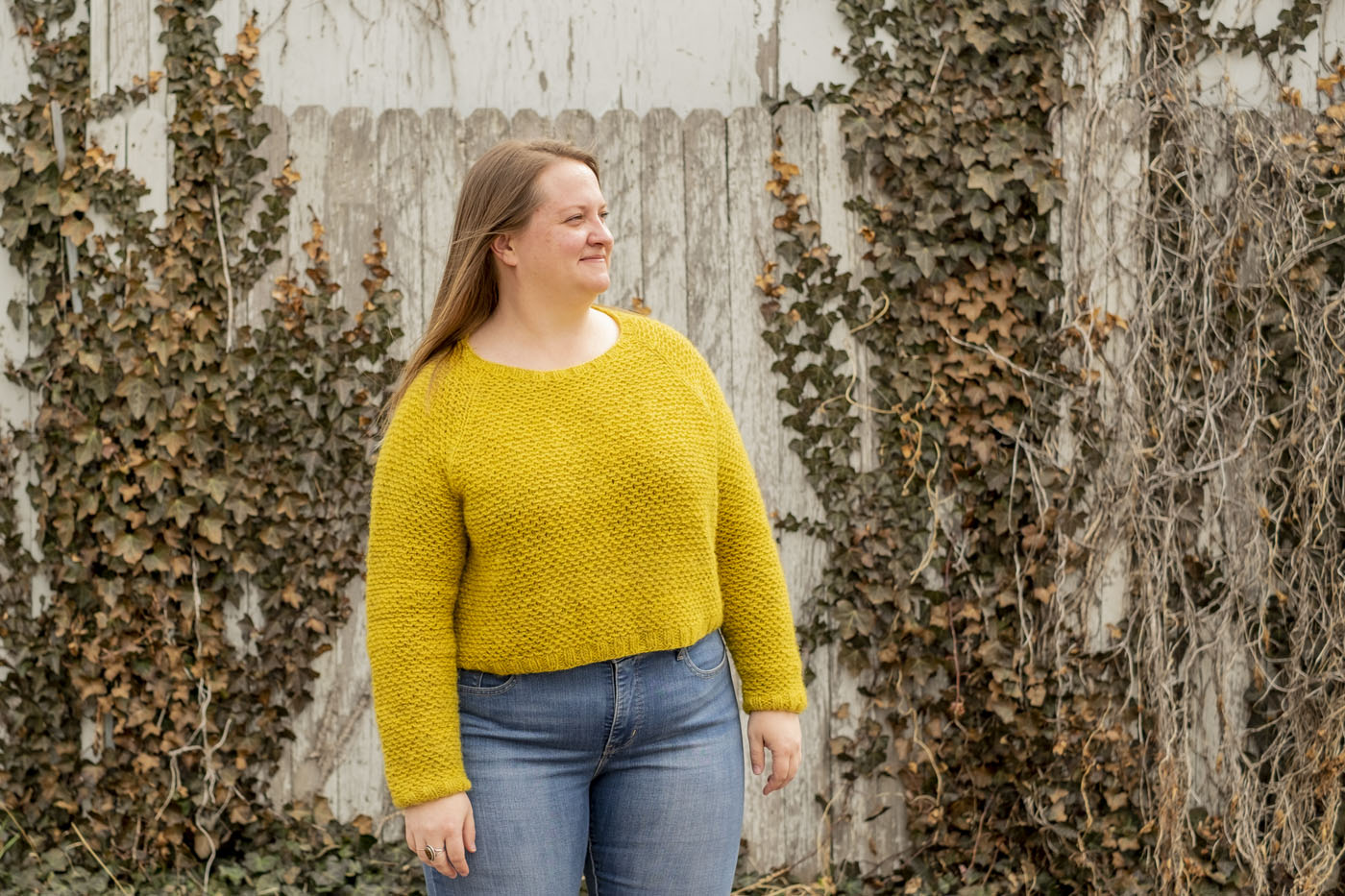 Shawna in her golden beet nurtured sweater