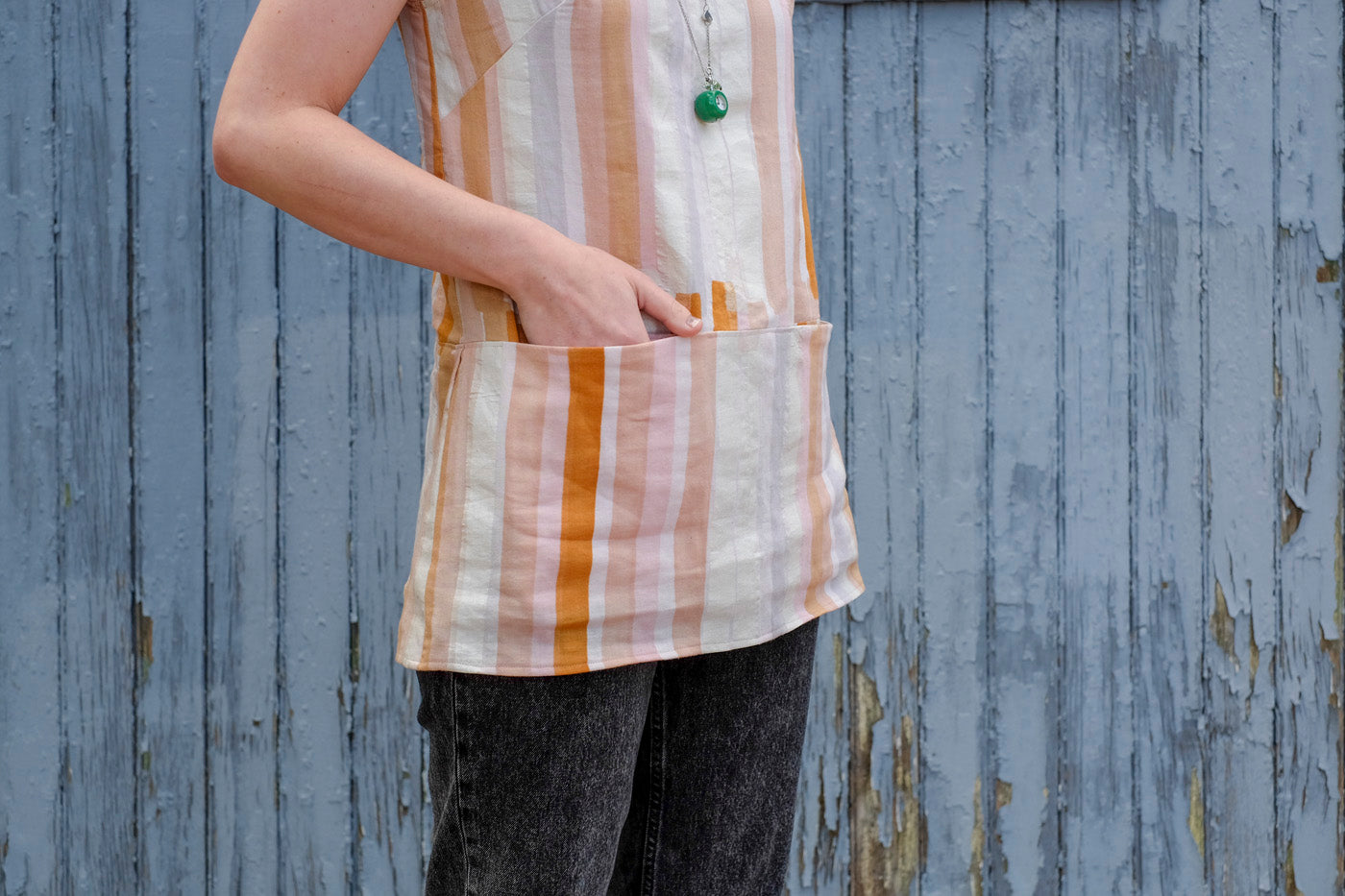 view of Lauren's hand sewn double gauze uniform tunic