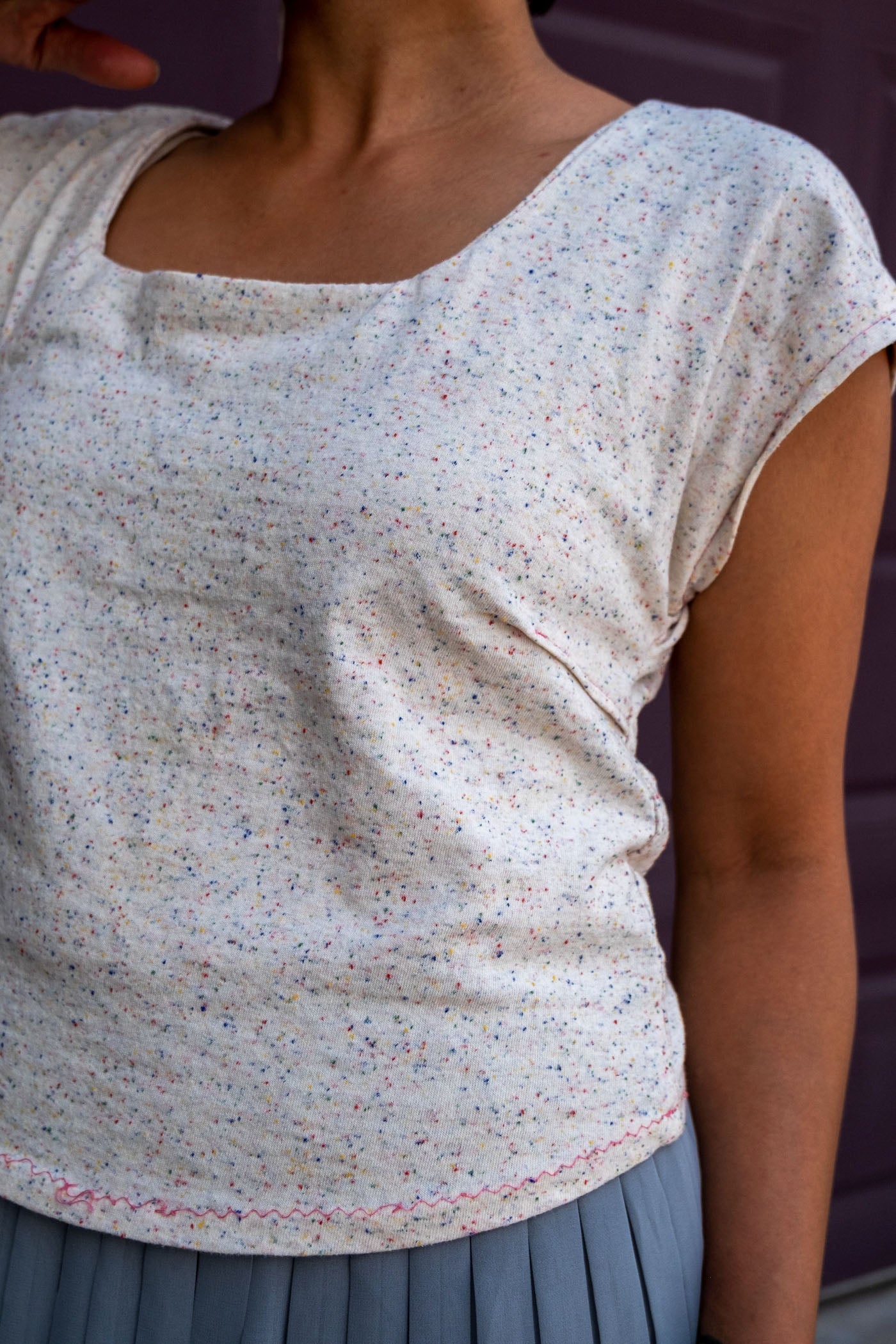 close up of elyse's square neck top