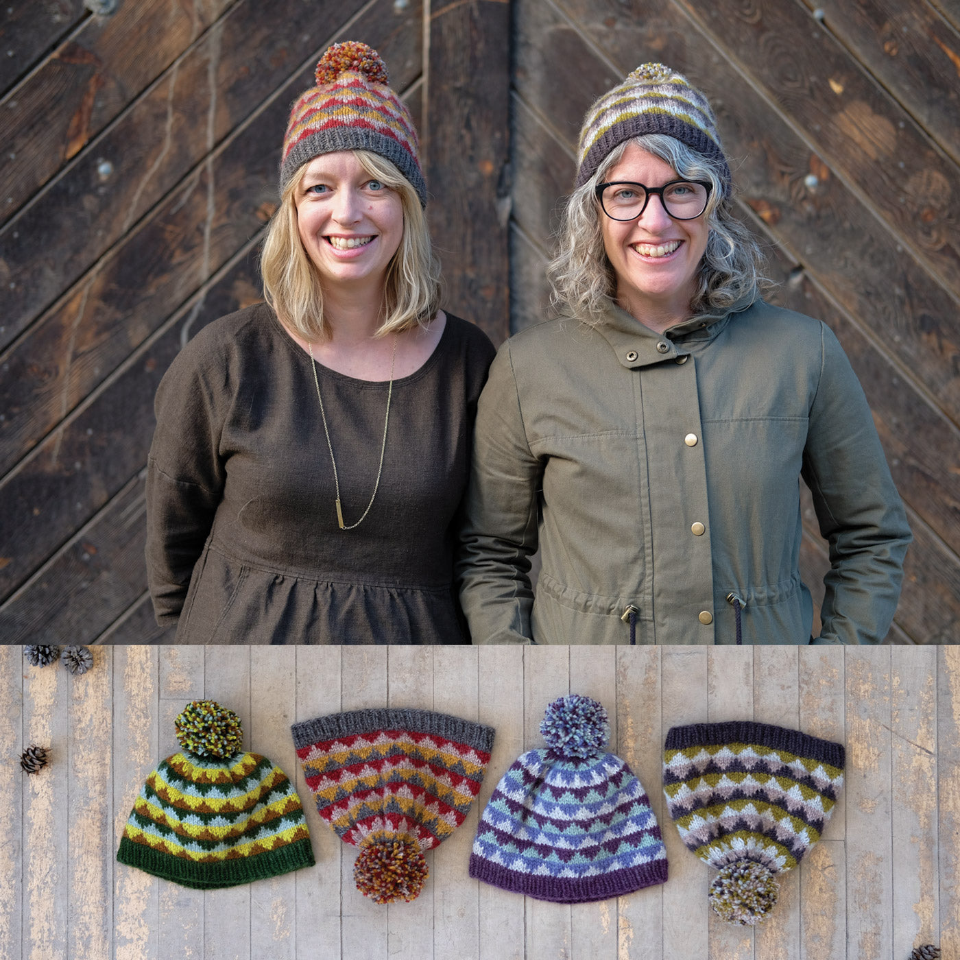 Four colors of Colorwork Eshaness hats below a picture of Jaime and Amber wearing the hats