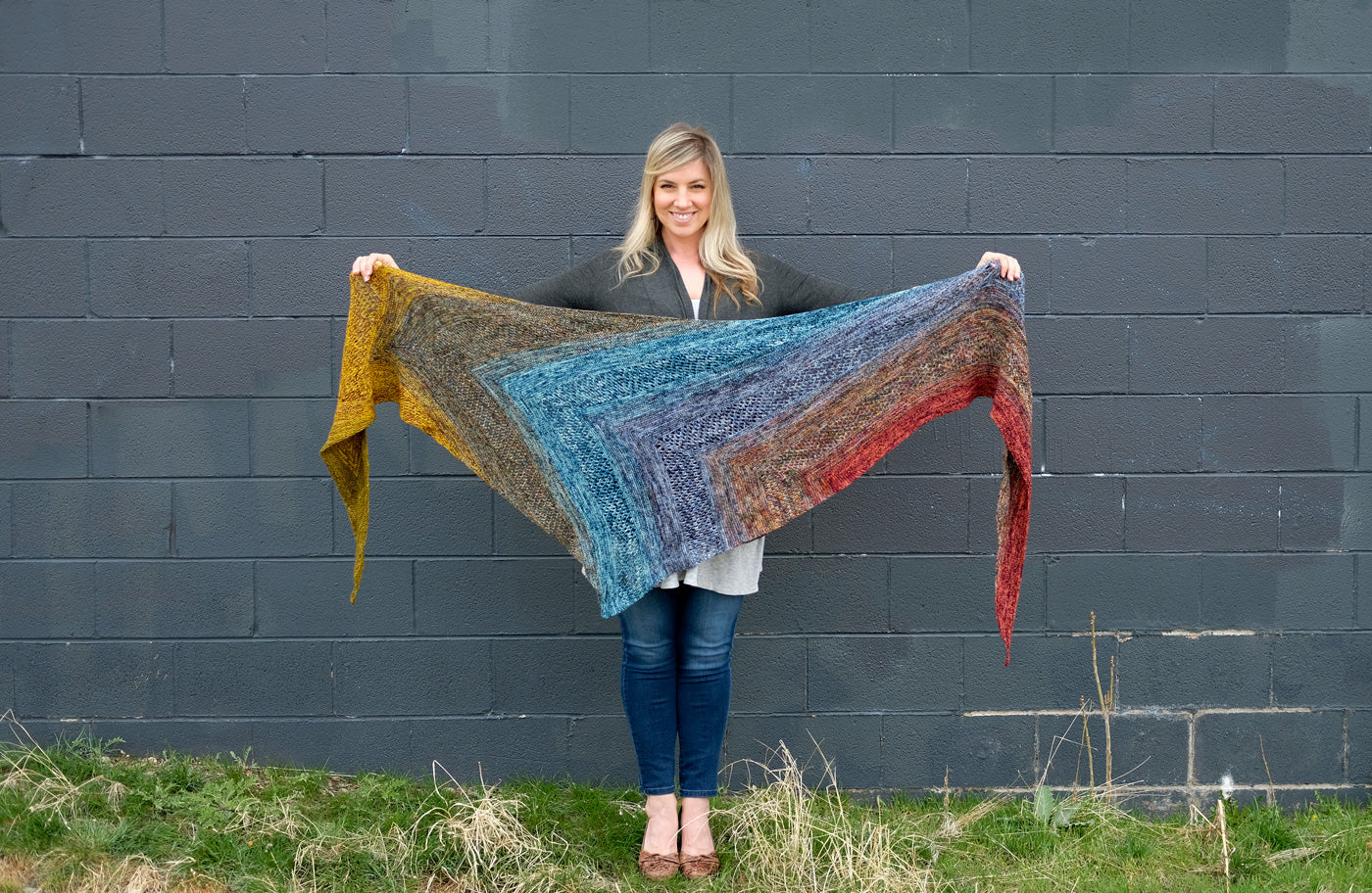 Find Your Fade Shawl unwrapped showing a rainbow of colors