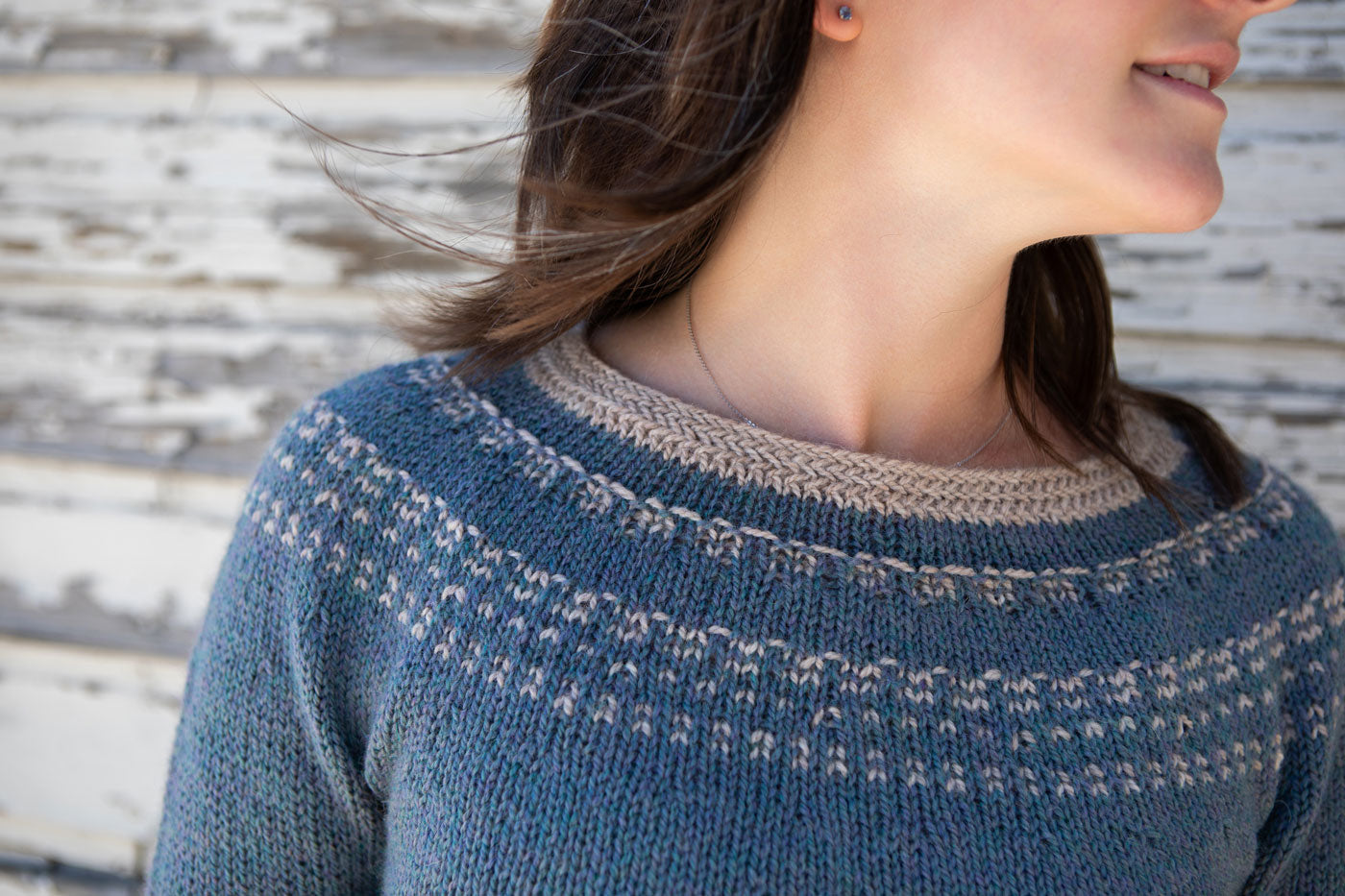 This is a close up shot of the the colorwork details on the yoke of the sweater