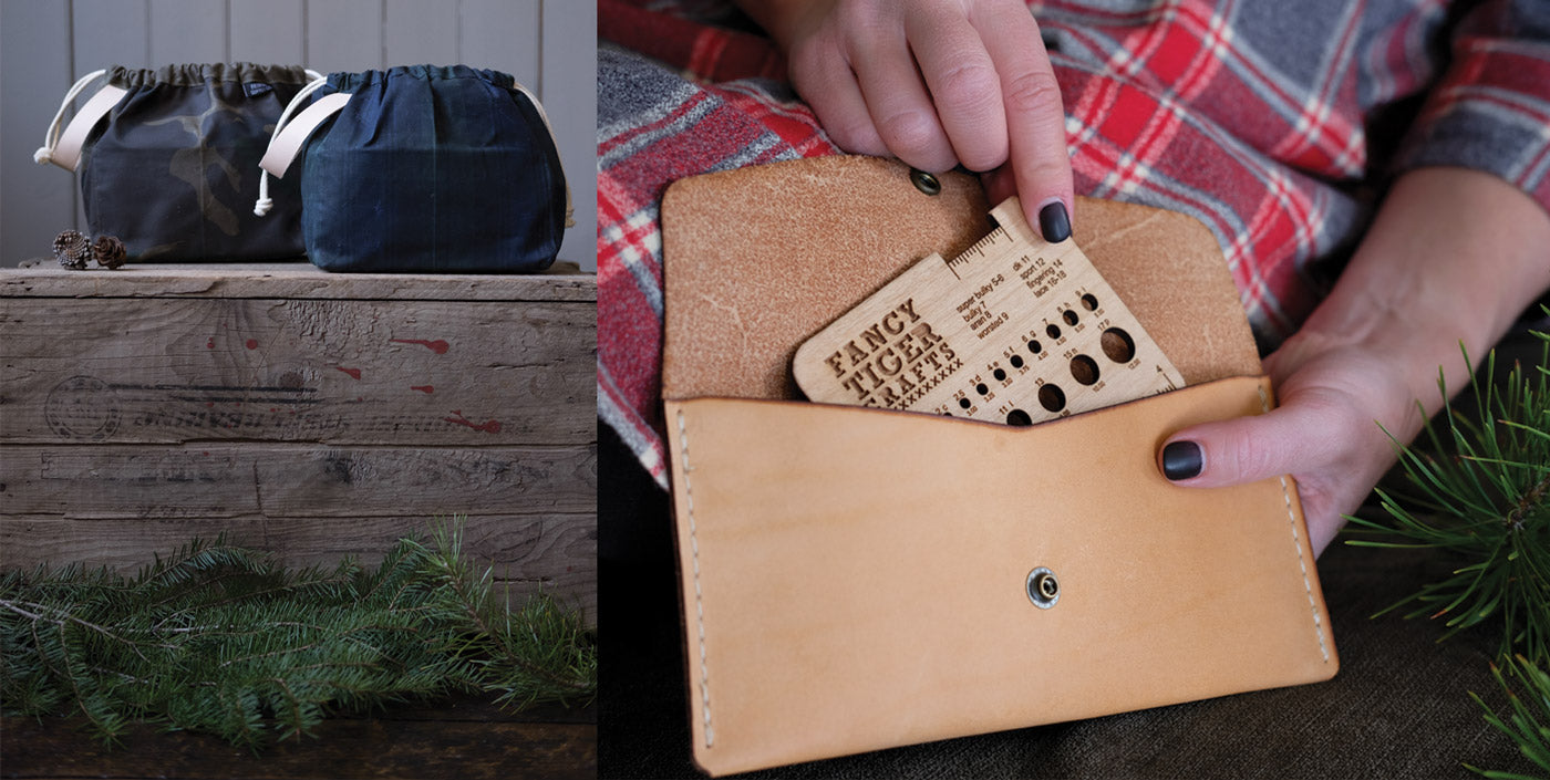 Hands holding the Leather Tool Pouch next to a photo of the new Fringe Field Bags sitting on a wooden box