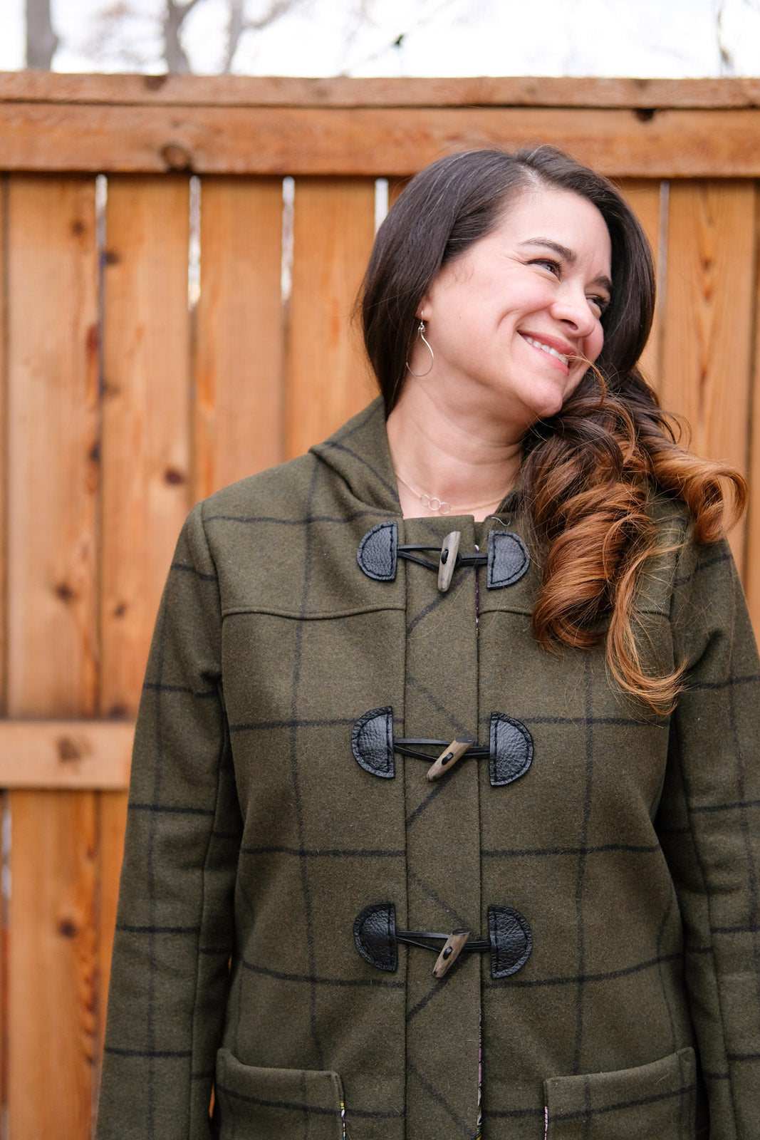 Detail of the toggle closure on Tiffani's Cascade Duffle Coat