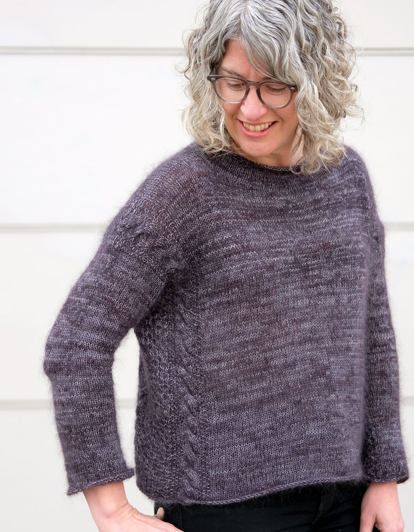 Jaime in her handknit marled yarn soiree sweater