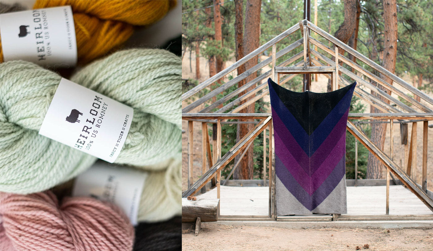 Two images: On the left a detail shot of a pile of yarn in hues of pale mint, mustard, and cotton candy pink. On the right, a large blanket knit in a striking chevron pattern hangs in the doorway of a wooden framed structure.