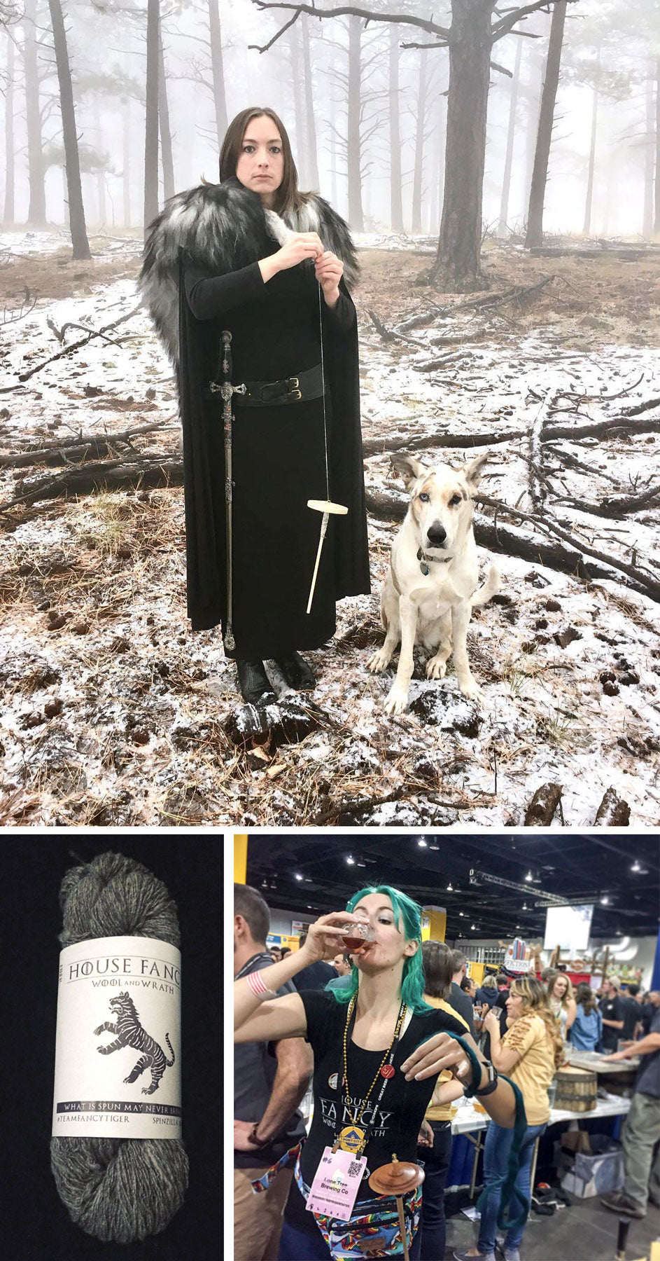 Collage of three images: Kim dressed in black cloak with furs and sword, spinning yarn in a snowy forest, A grey skein of yarn, Melanie spinning while drinking beer at Great American Beer Fest 