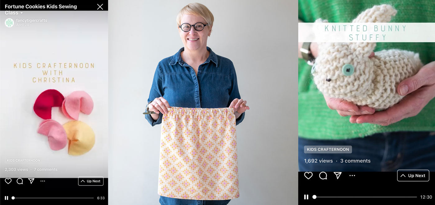 Three images, from left: A screenshot of a vido for making fortune cookies from felt, a photo of Christina holding up a child's skirt, a screenshot of a tutorial for knitting a bunny softie.