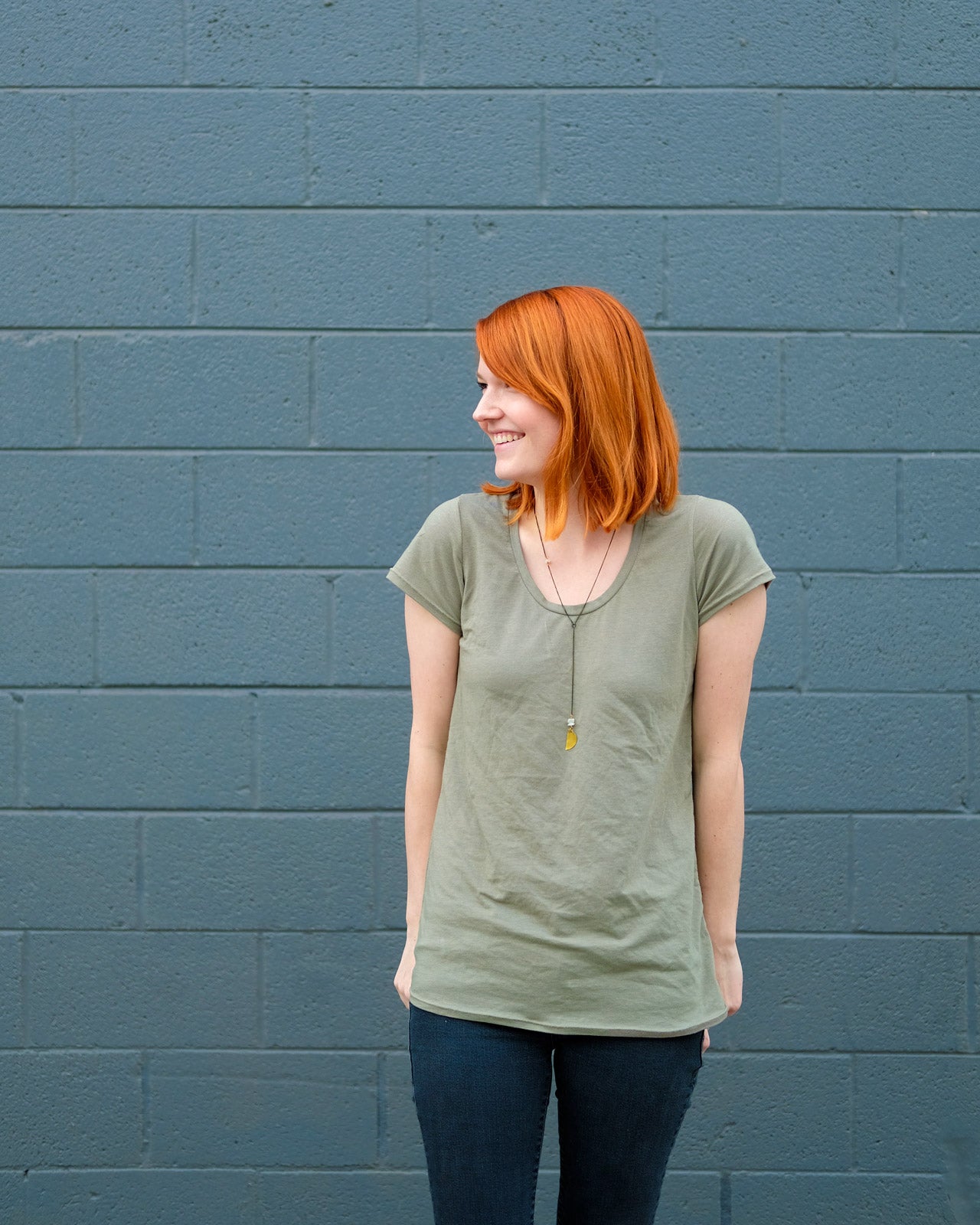 Lauren wright in her grey-green Bamboo Montlake Tee