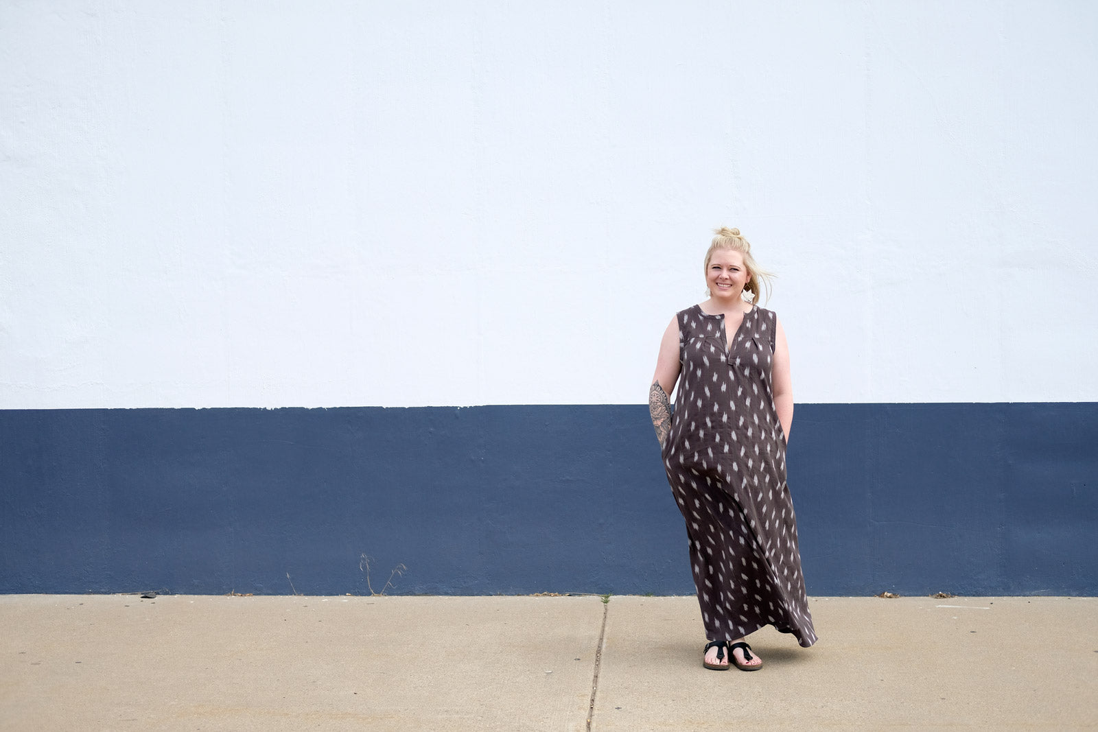 Heather in her grey Ikat maxi Brome