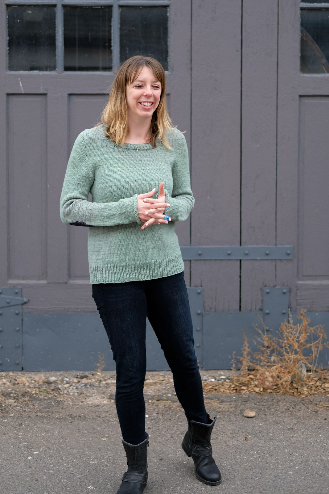 Lizz in her pale green Molly Sweater