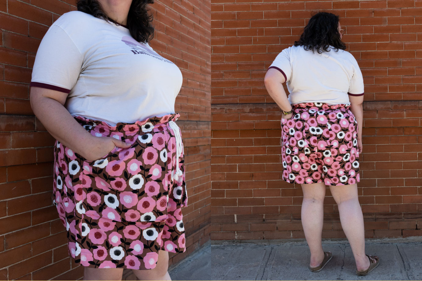 Image to the right is a close up shot of Kim placing a hand in one of the front pockets of her Soline shorts. The image to the right is a back profile shot of Kim showing off the back pockets of her Soline Shorts. 