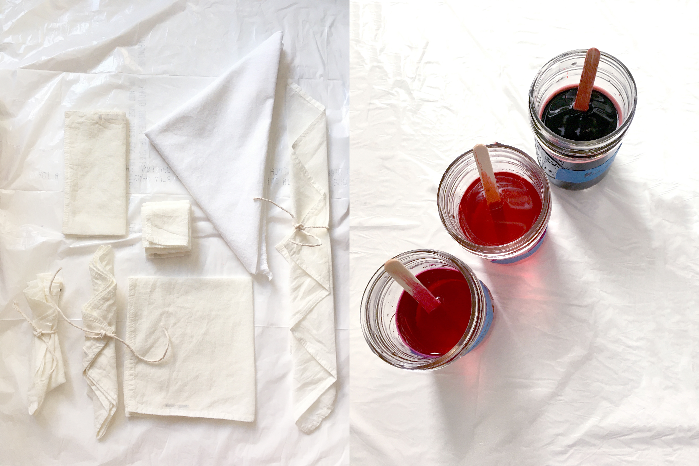 This is a split image. The right image is the white fabric scraps and un-dyed scarf Anna dyed. The right image is three clear cups with the different dyes. 