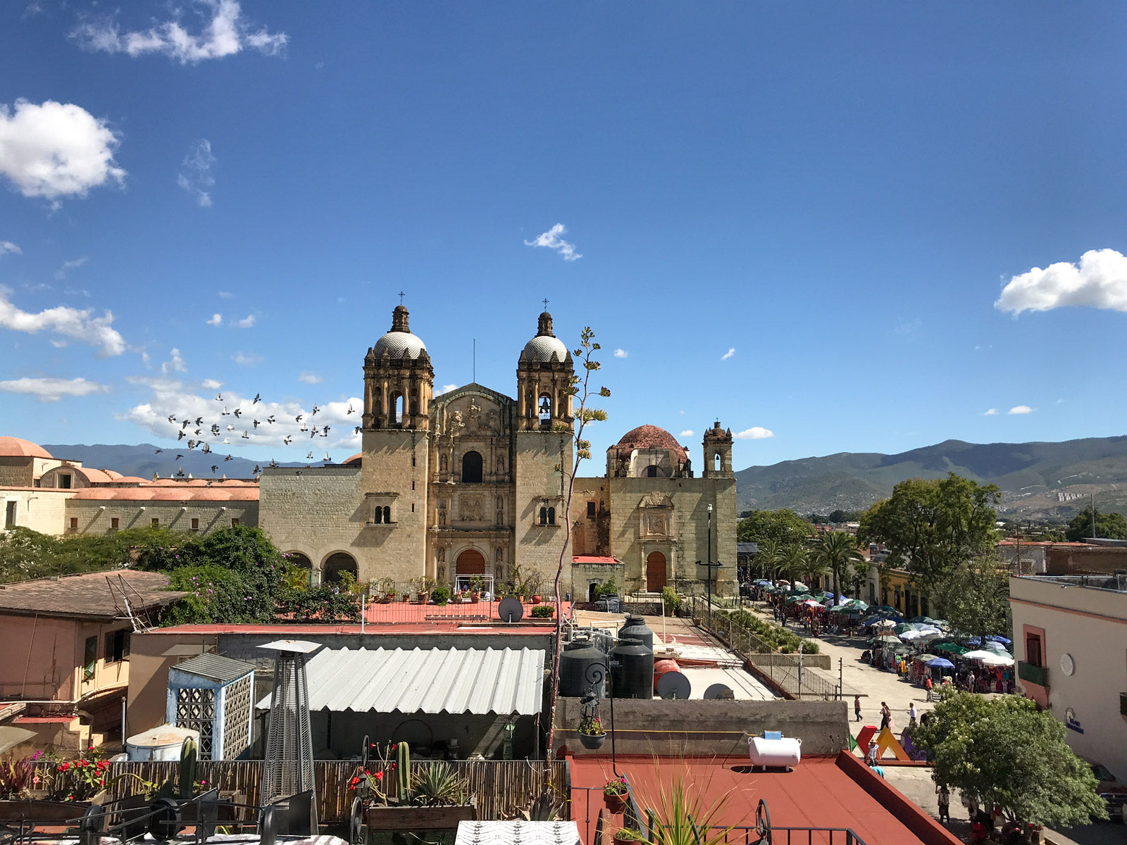 Oaxaca City scape with a large church and blue skies