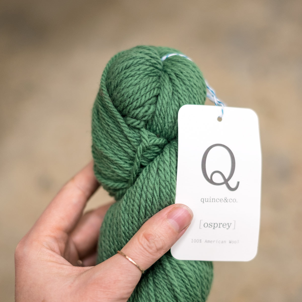 a skein of Quince and Co Osprey yarn in Parsley, a vibrant green